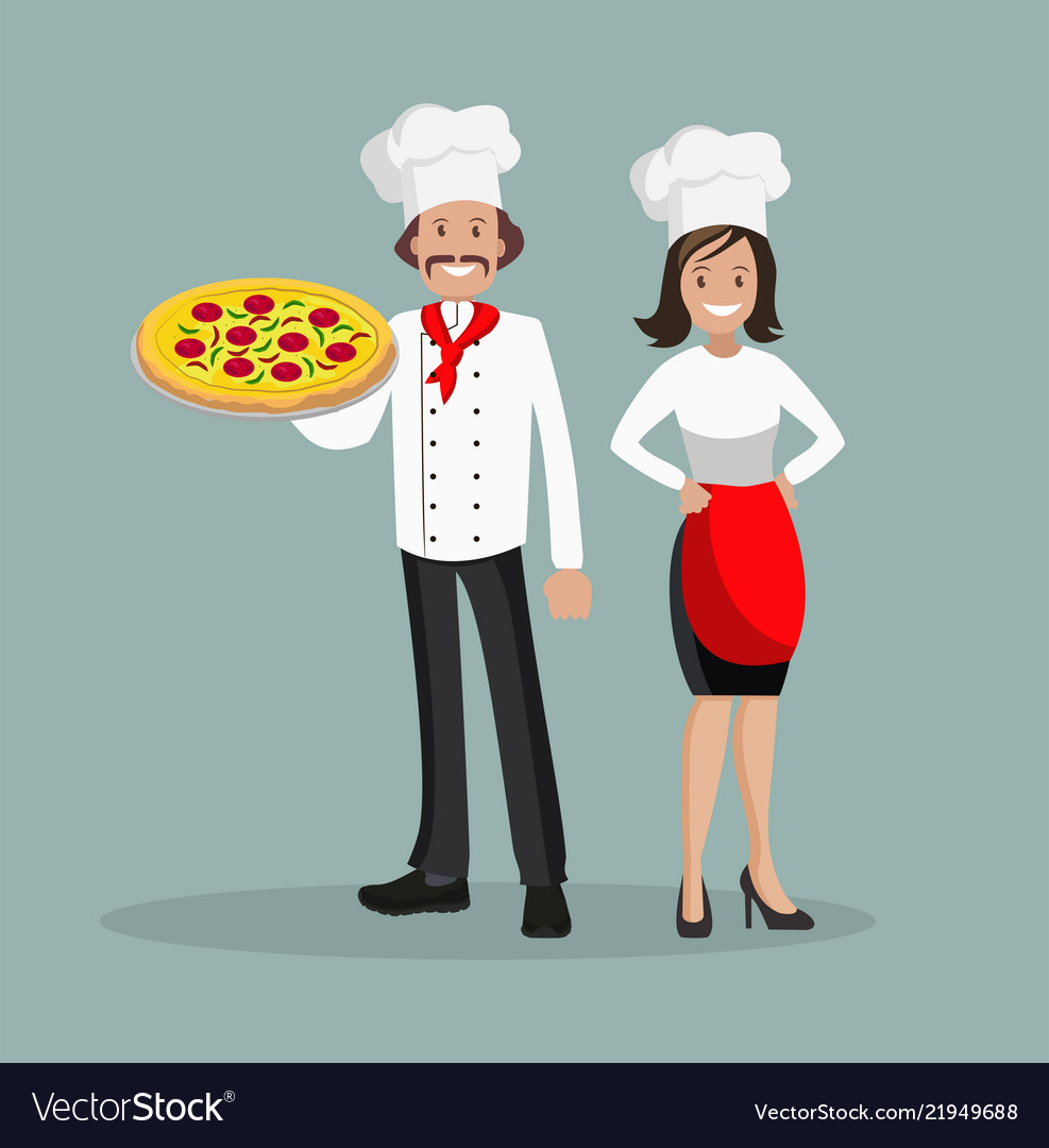 Chef Is A Man And A Woman With Pizza Royalty Free Vector