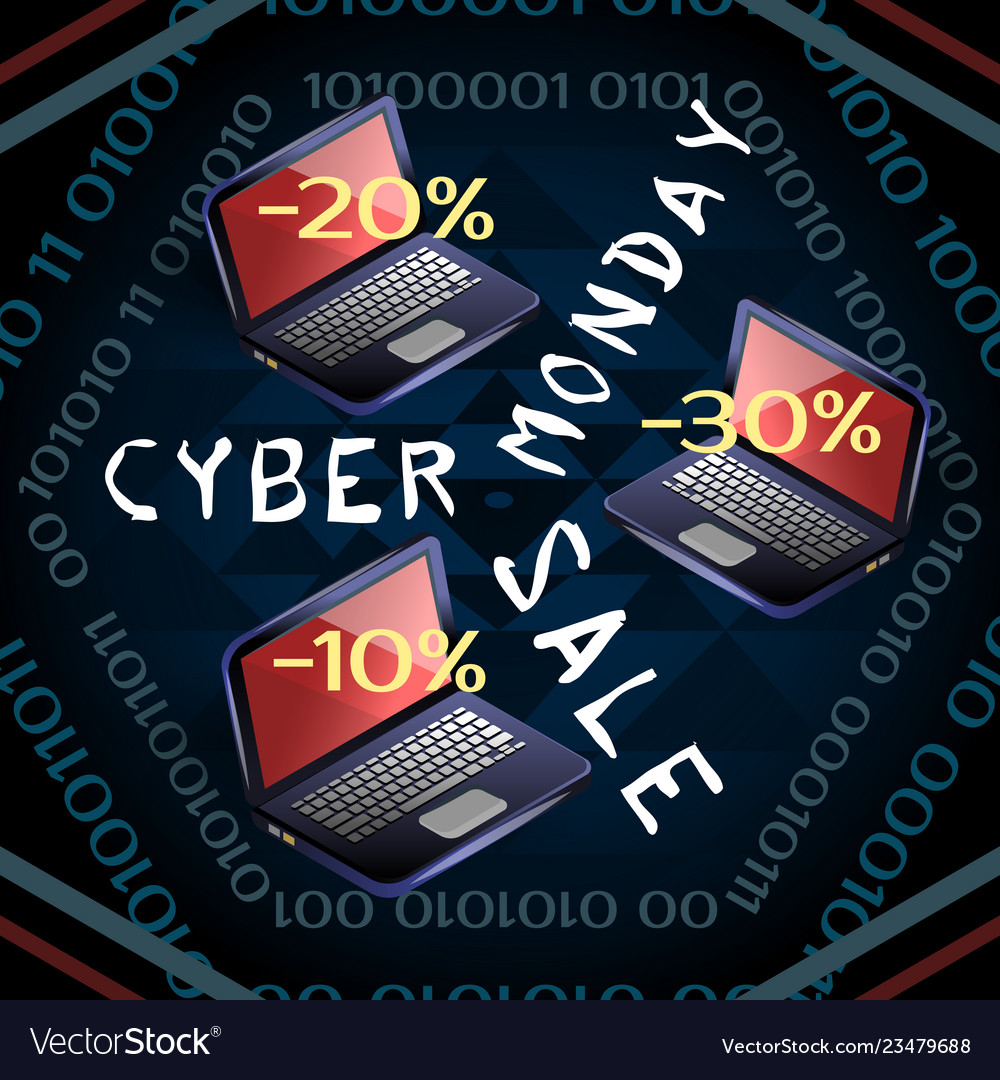 Cyber monday sale laptops inside the binary code vector image Cyber monday sale laptops inside the binary code