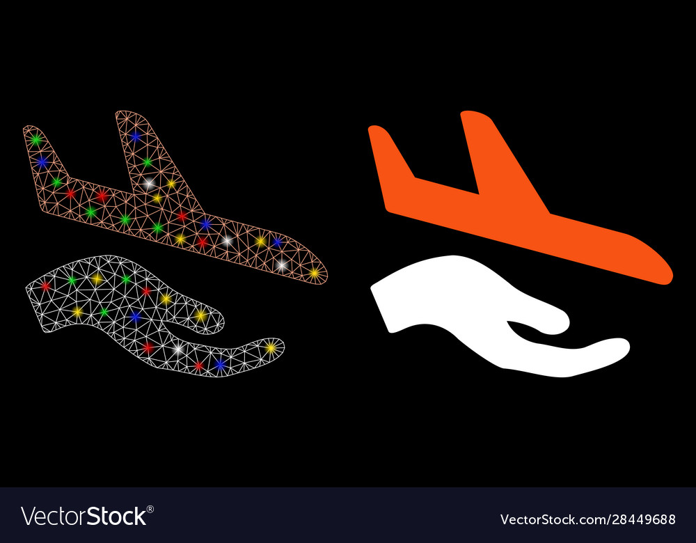 Glowing mesh carcass aviation support hand icon vector image Glowing mesh carcass aviation support hand icon