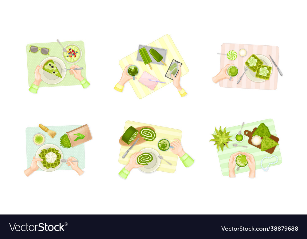 Human hands and sweet green desserts on place mat