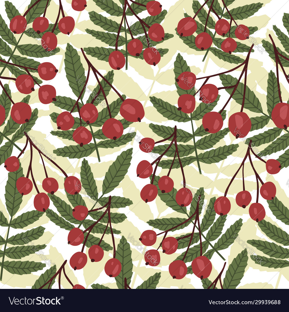 Vintage rowan seamless pattern on leaf background