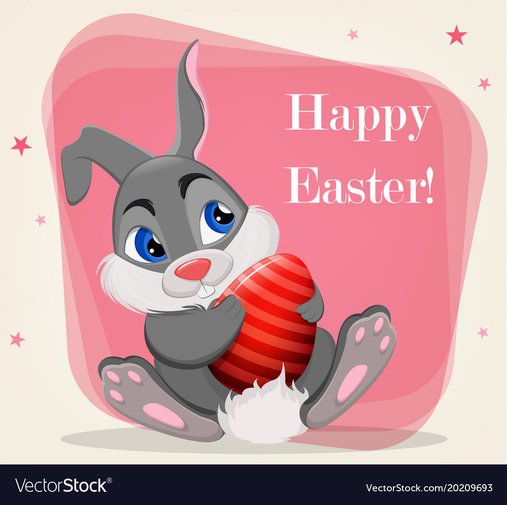 Happy easter cute rabbit holding colored egg