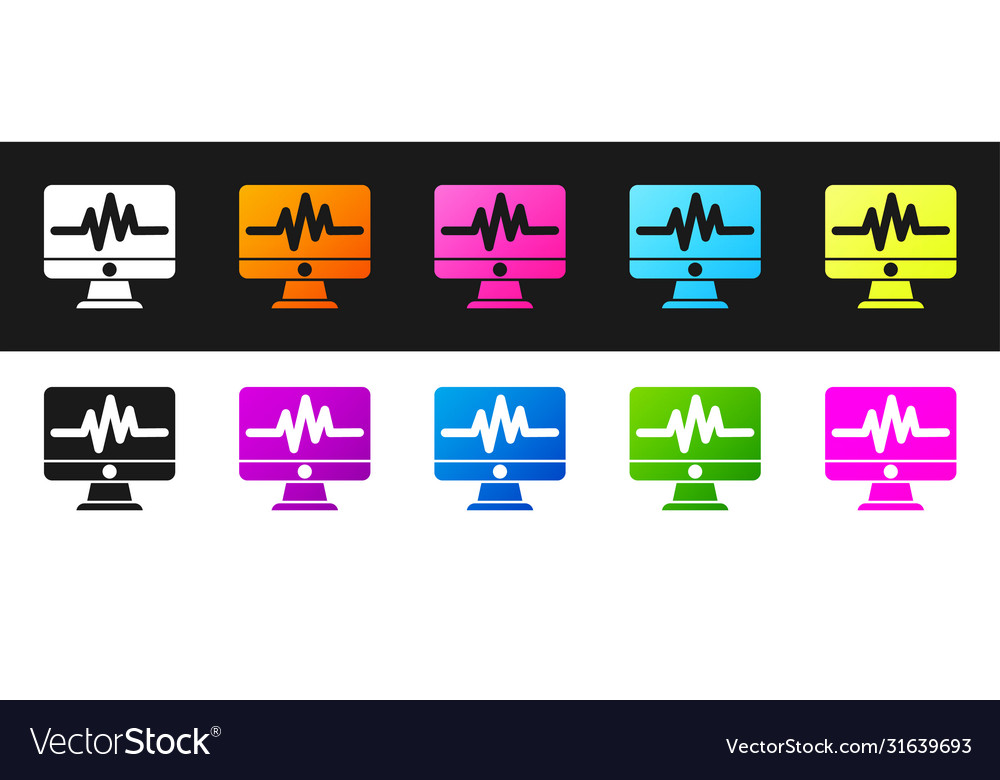 Set computer monitor with cardiogram icon isolated