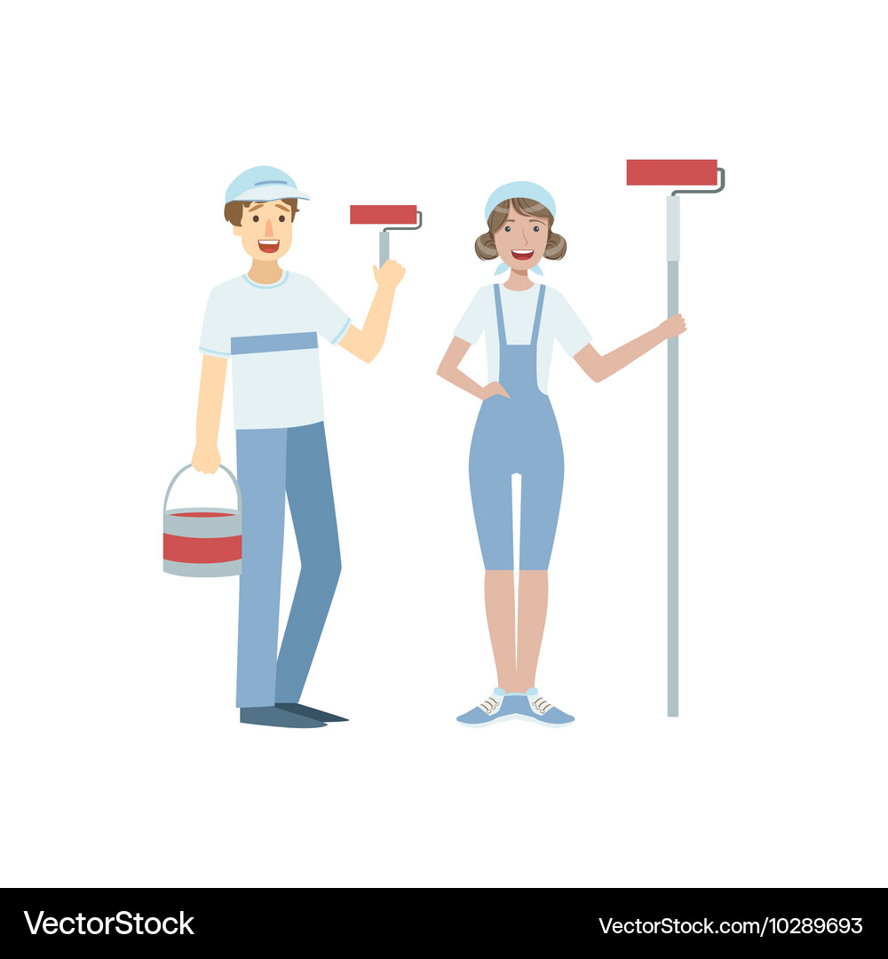 Two volunteers with painting rolls Royalty Free Vector Image