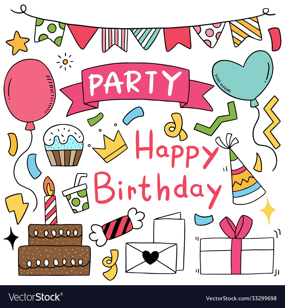 07-09-050 hand drawn party doodle happy birthday Vector Image