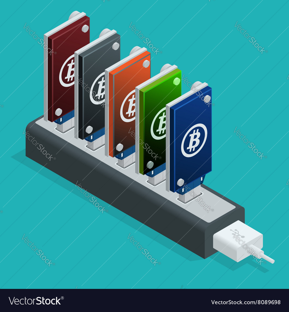 Bitcoin mining USB devices in a row with small fans Stock Photo