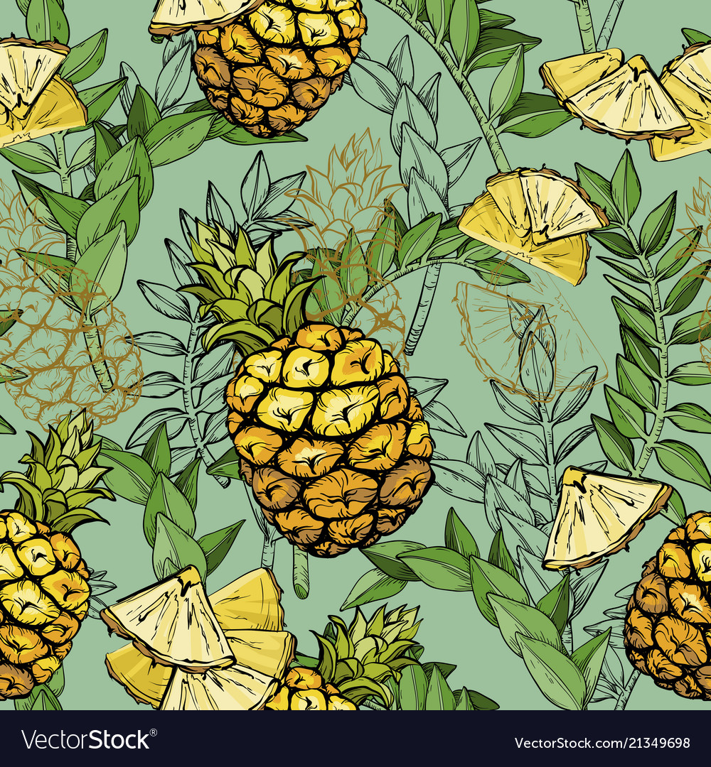 Seamless pattern with pineapples and leaves
