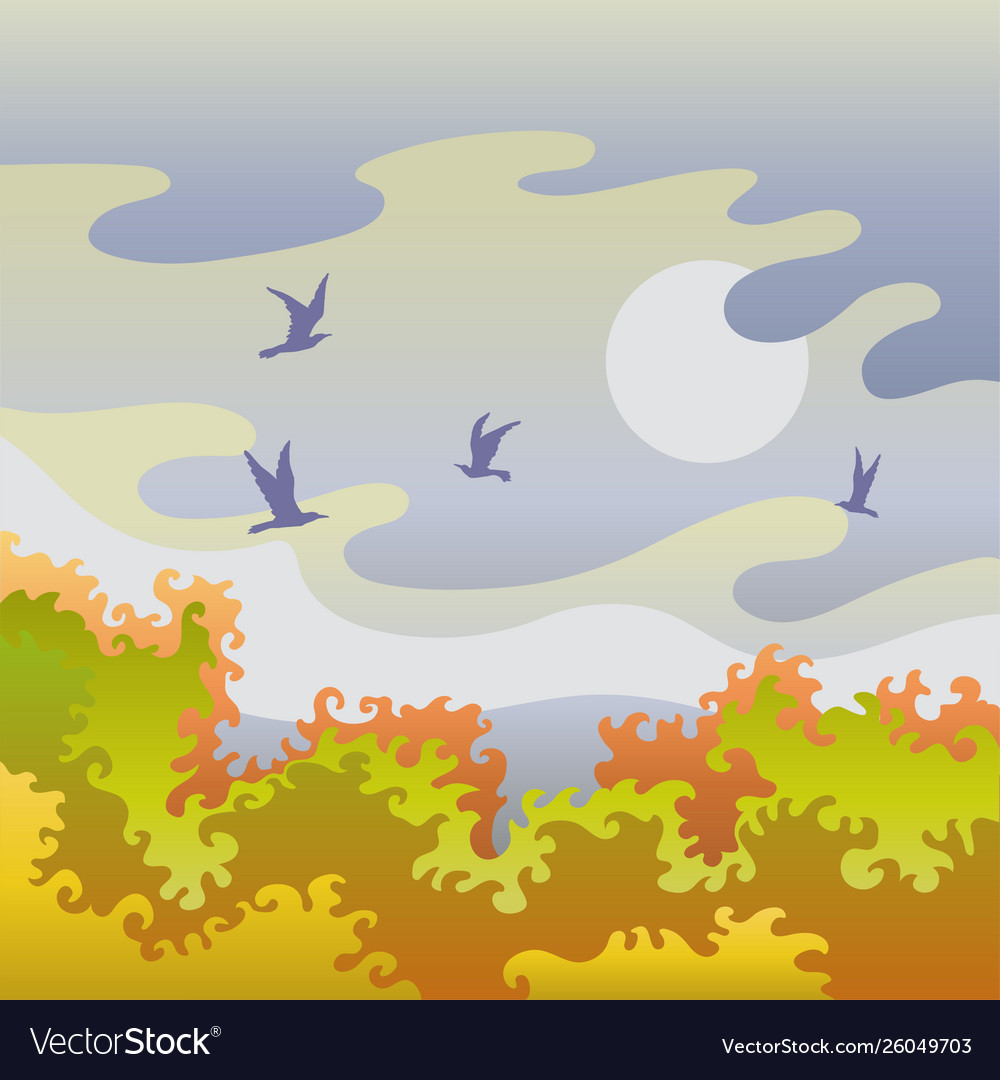 Autumn landscape with birds