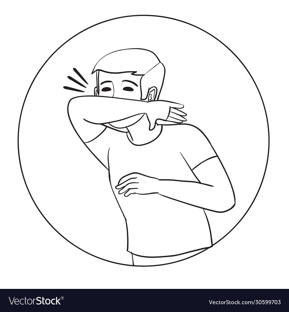 Boy sneezes in elbow outline drawing Royalty Free Vector