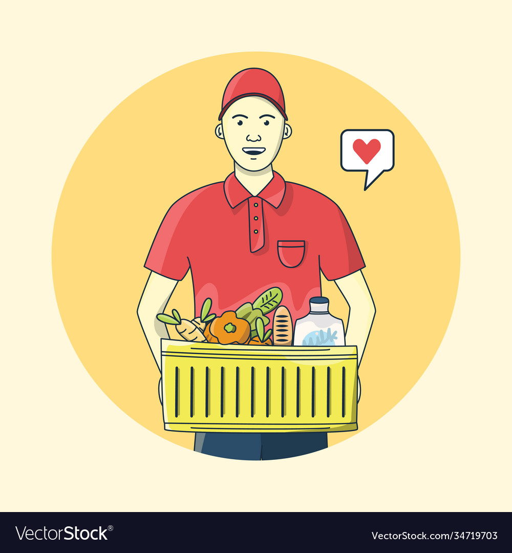 Delivery man holding fresh food with smile face vector image Delivery man holding fresh food with smile face