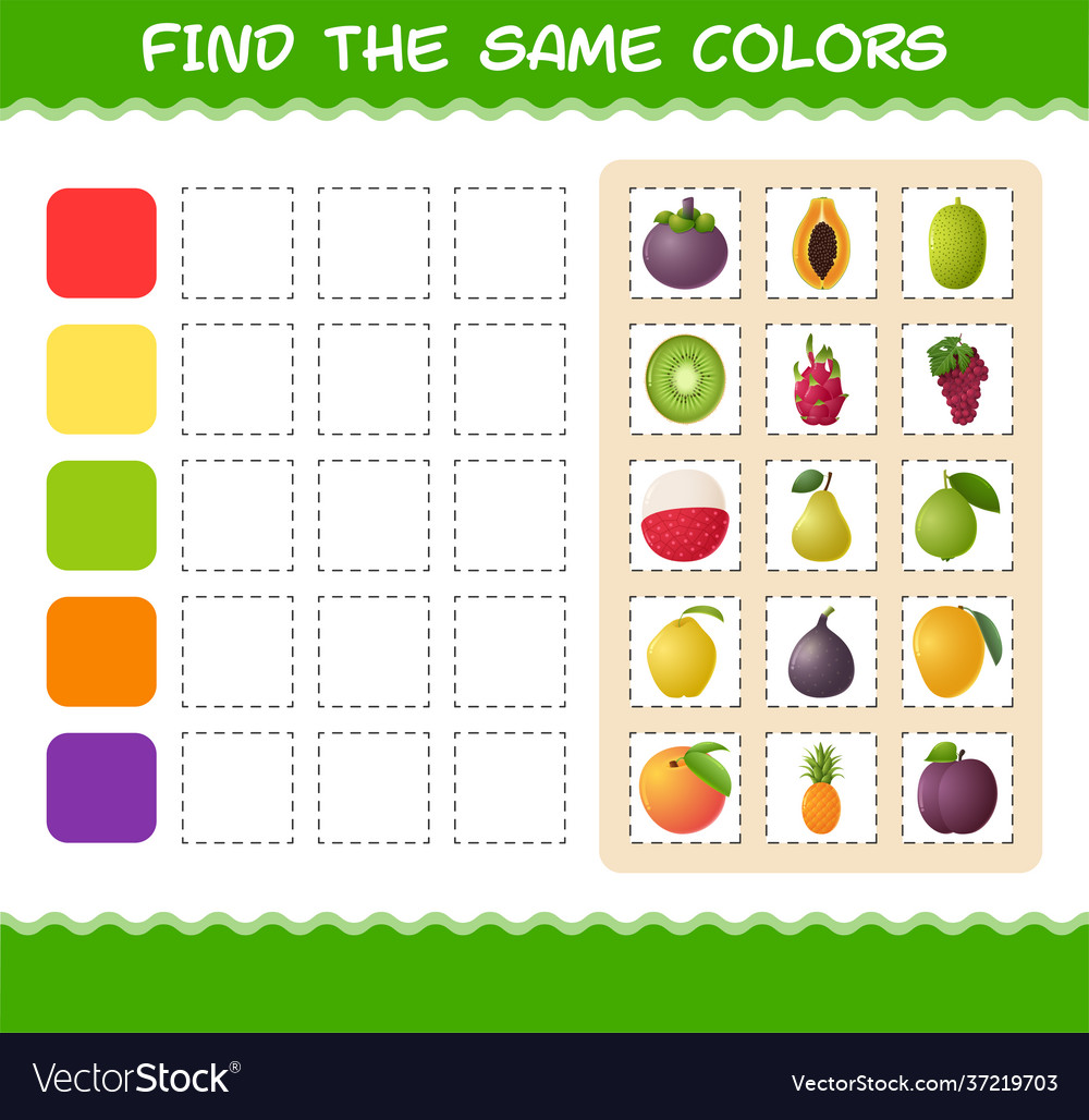 Find same colors fruits searching and matching vector image Find same colors fruits searching and matching