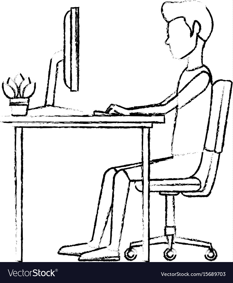 Man character sitting working desk computer