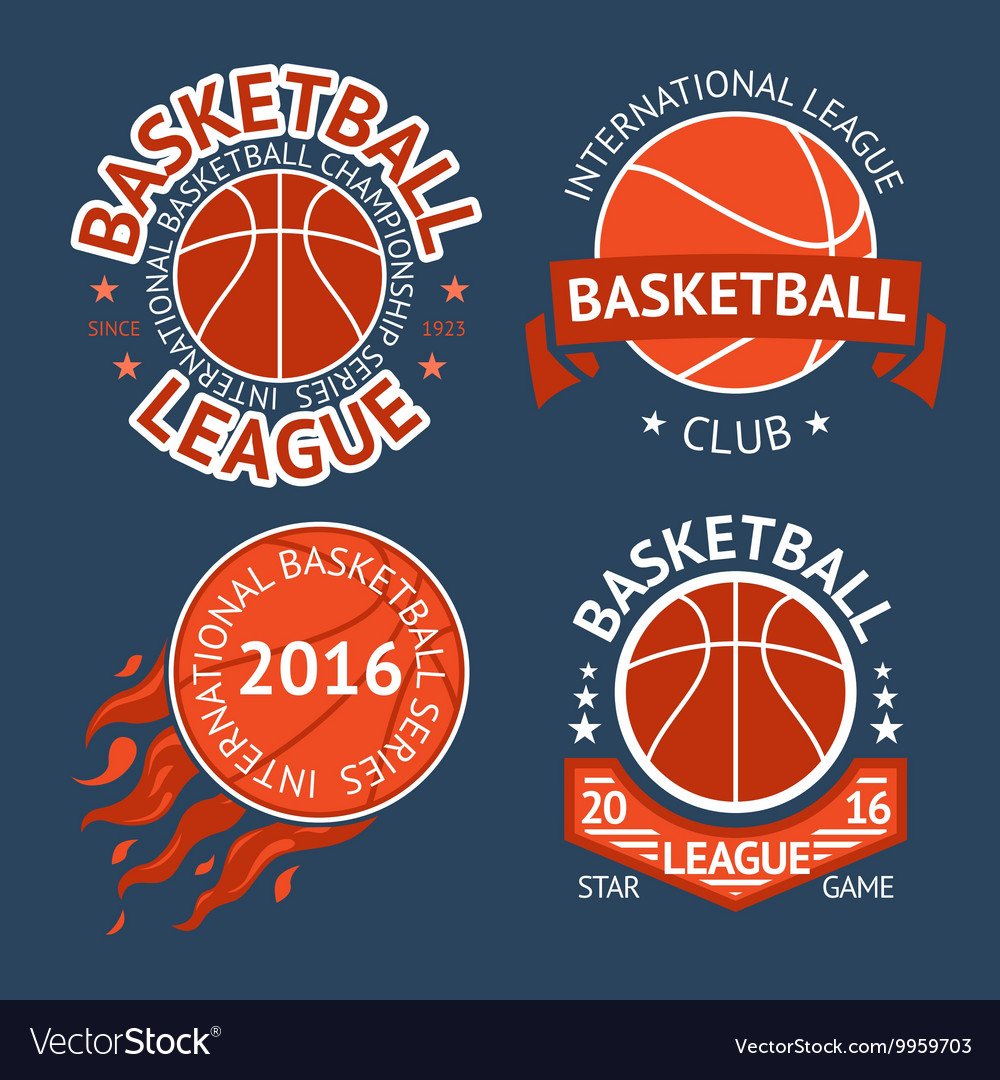 Set of basketball labels with balls and ribbons