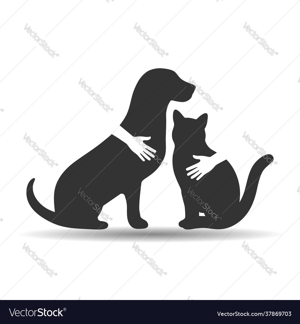 Silhouette a dog and cat hug their hands