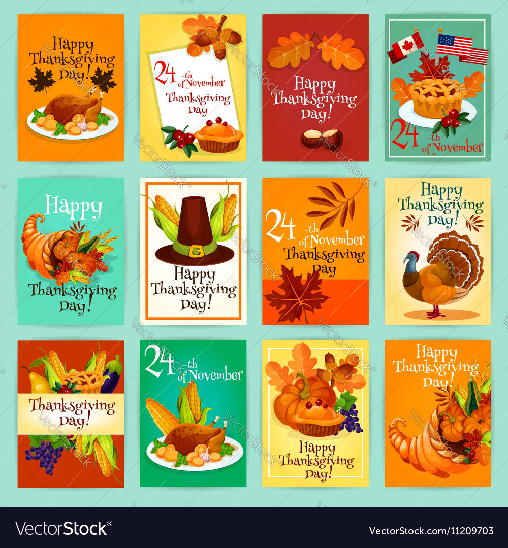 Thanksgiving day greeting cards posters set Vector Image