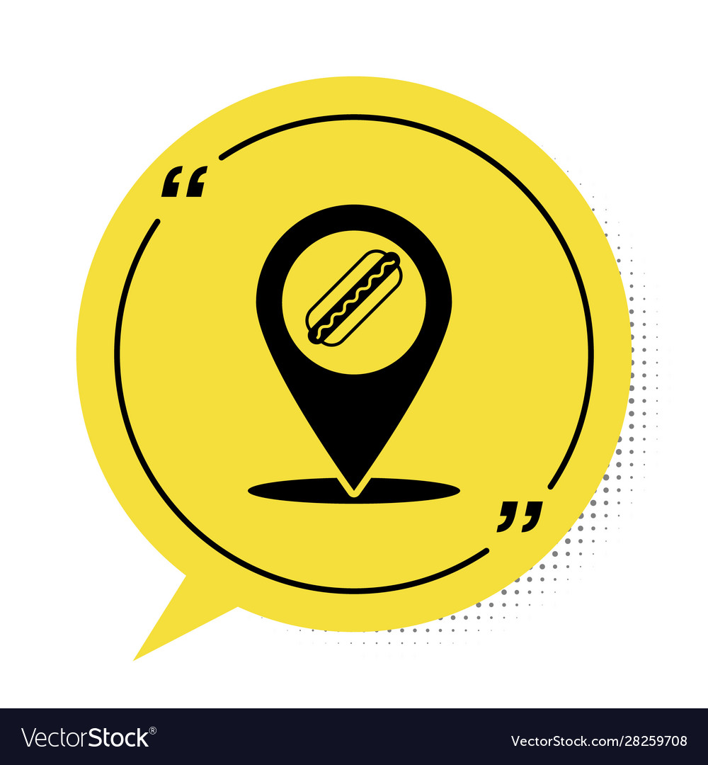 Black map pointer with fast food hotdog icon