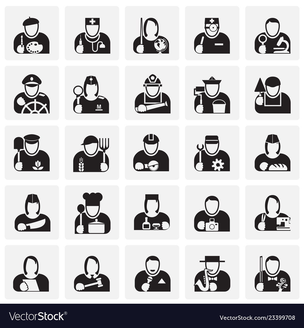 Occupations icon set on squares background