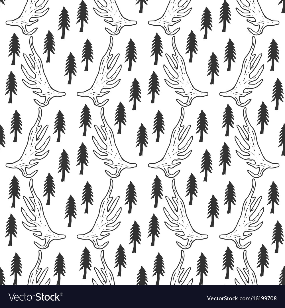 Seamless pattern with pine trees and horns