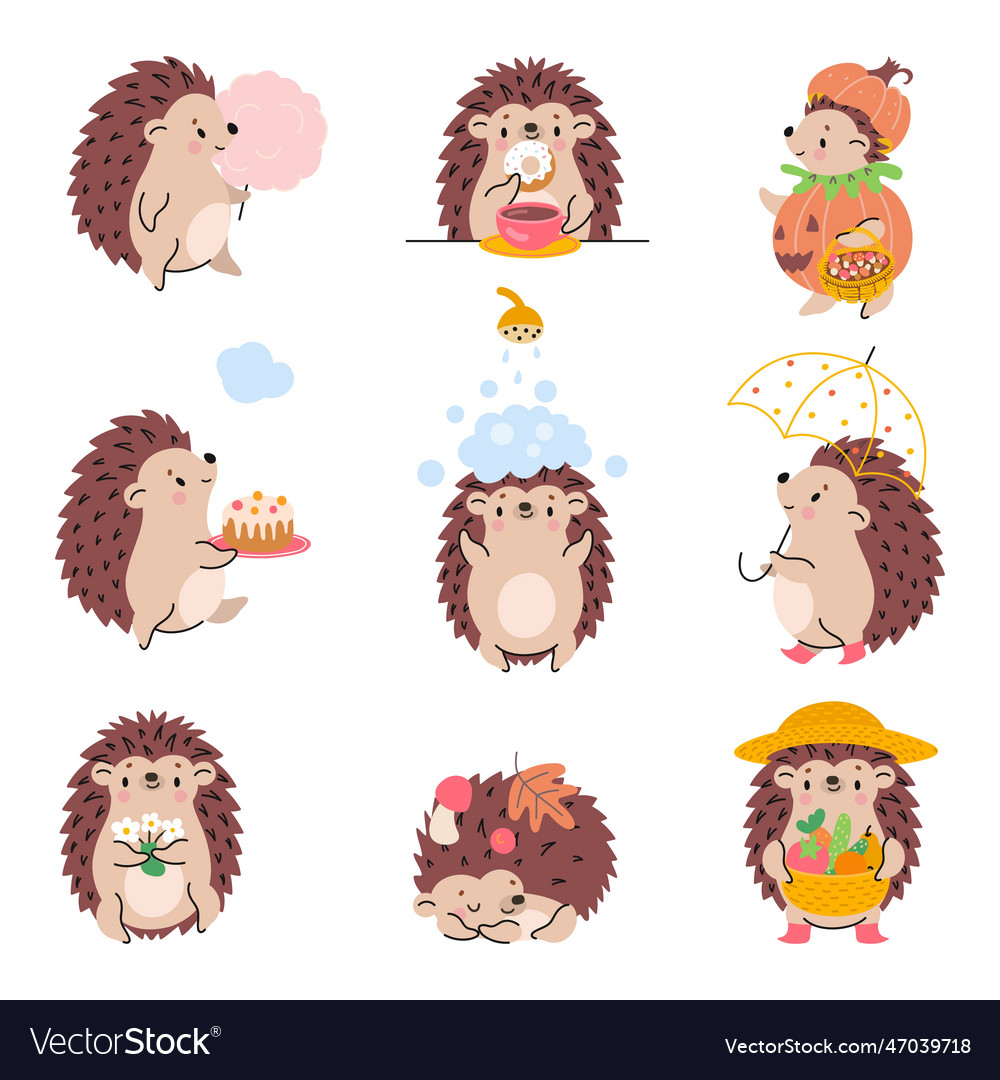 Cartoon hedgehogs stand and play hedgehog sleep Vector Image