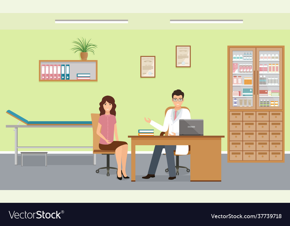 Male doctor and female patient in clinic Vector Image