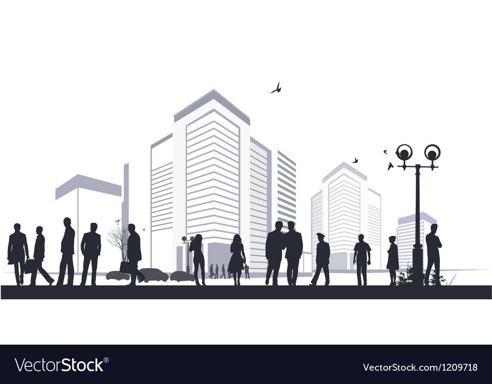 Many silhouettes in city