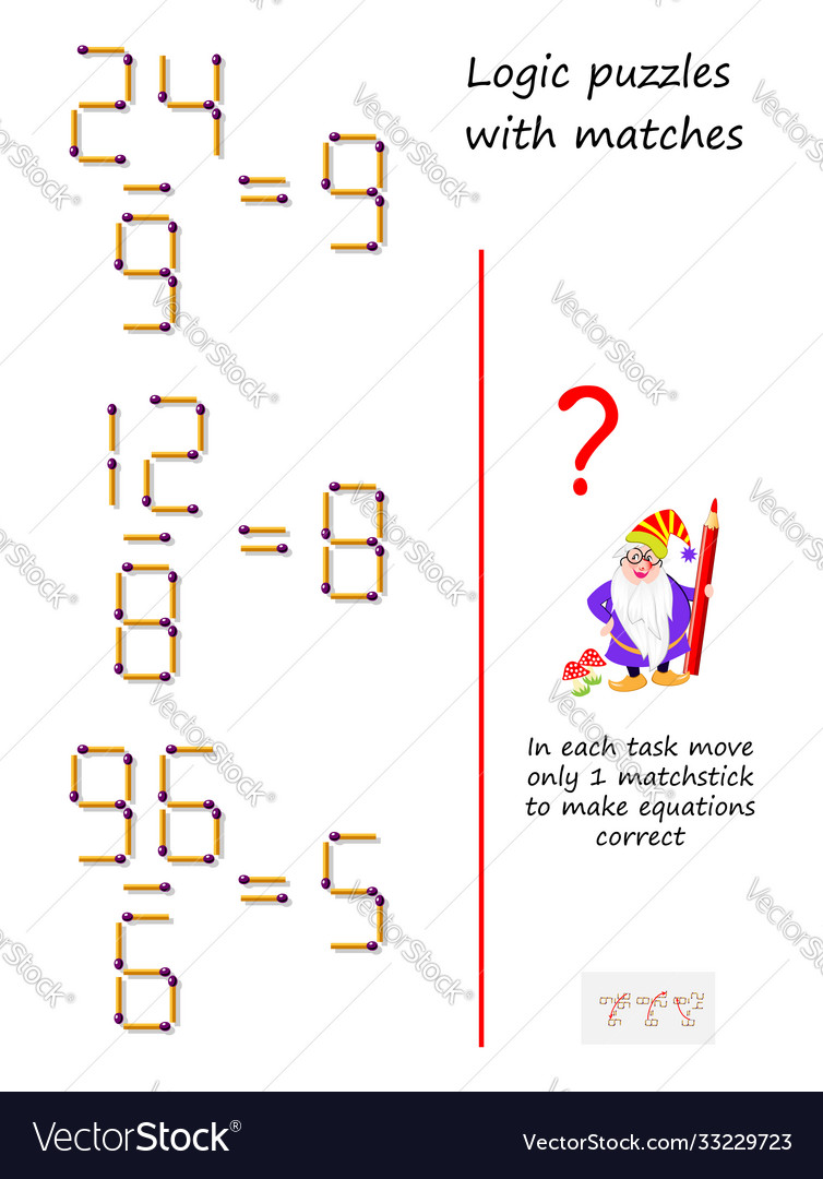 Logic puzzle game with matches in each task move vector image Logic puzzle game with matches in each task move