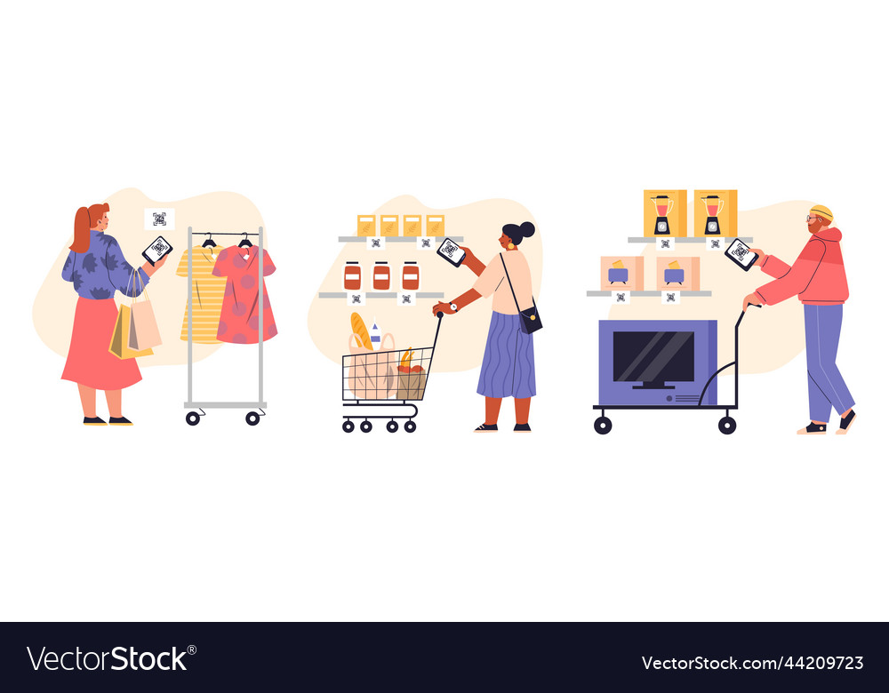People scan qr code in supermarket hardware store