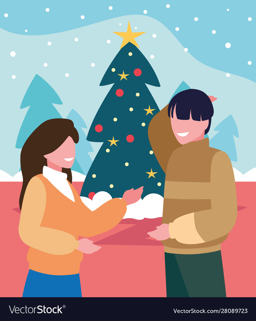 Scene couple with christmas tree