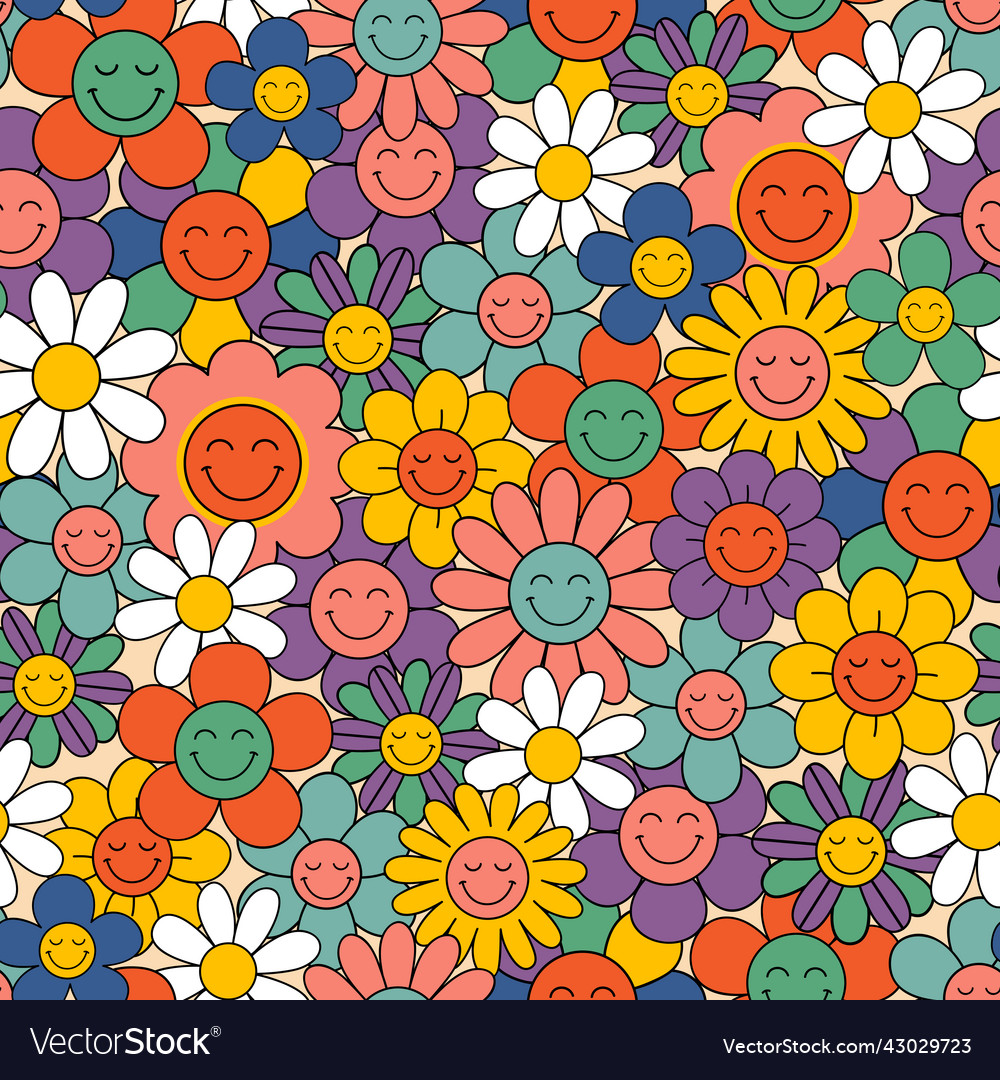 Seamless pattern with colorful smiling flowers Vector Image