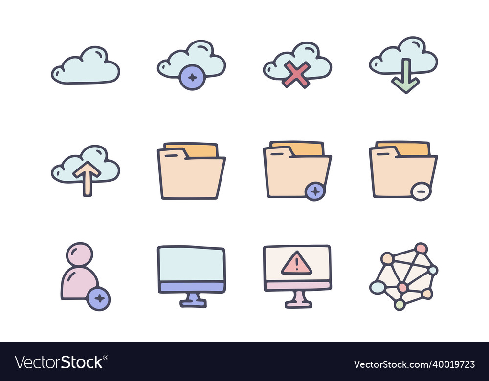 Web services color doodle simple icon set vector image Web services color doodle simple icon set