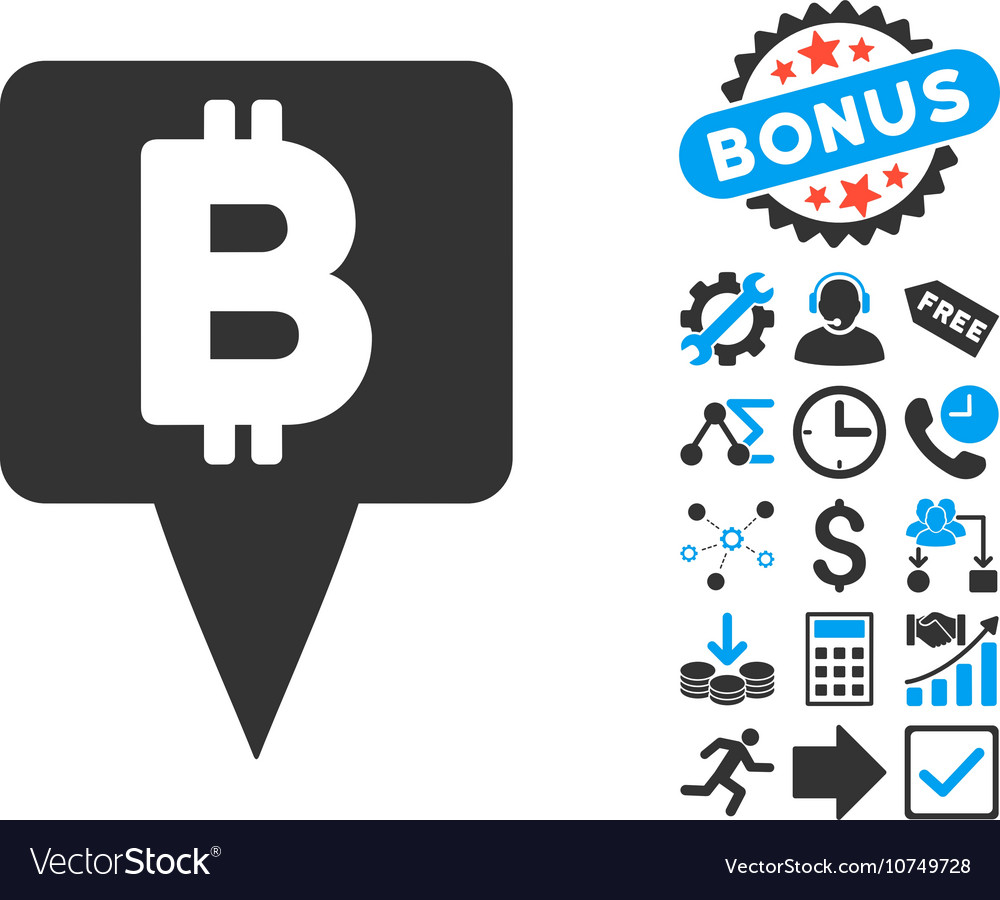 Bitcoin map pointer flat icon with bonus