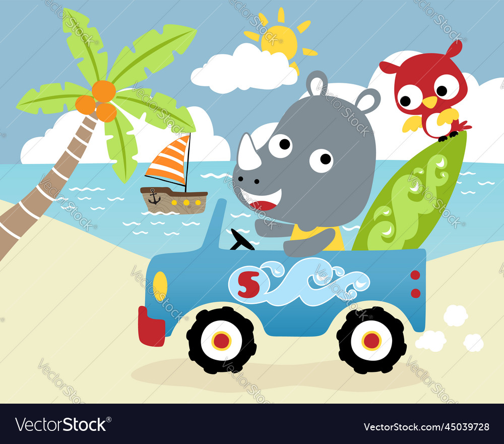 Rhino with owl on car in the beach