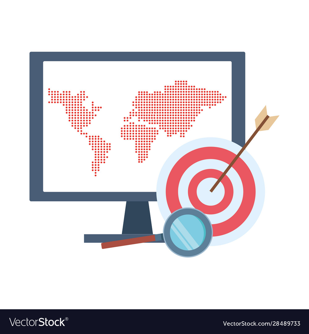 Target and magnifying glass with computer monitor vector image Target and magnifying glass with computer monitor