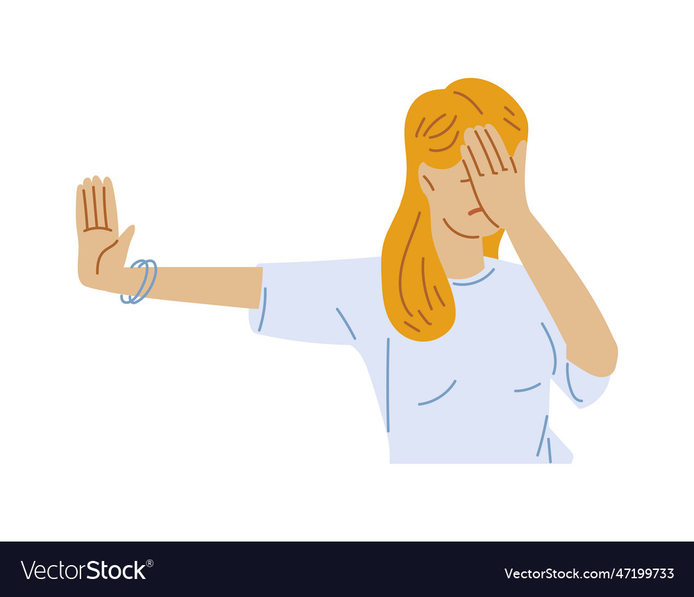Woman covers face with hand and puts palm to side