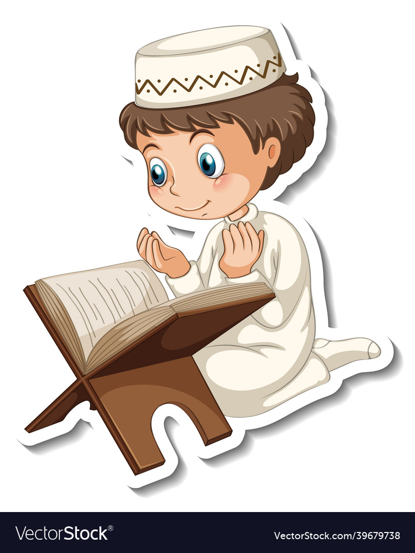 A sticker template with muslim boy reading quran Vector Image