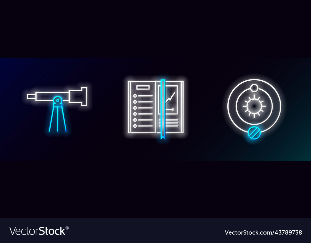 Set line solar system telescope and notebook icon vector image Set line solar system telescope and notebook icon