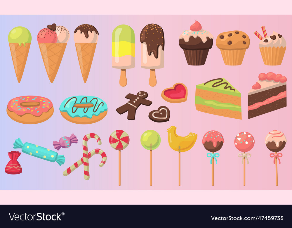 Tasty colorful sweets set on gradient background Vector Image