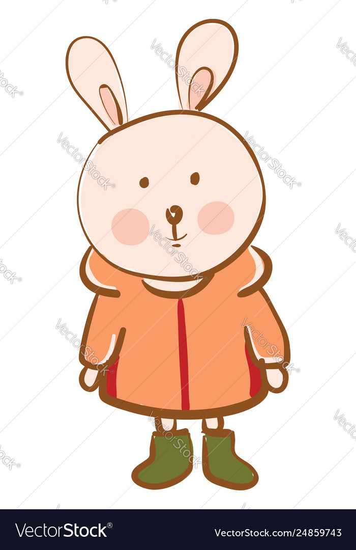 A happy cartoon hare dressed in orange rain coat