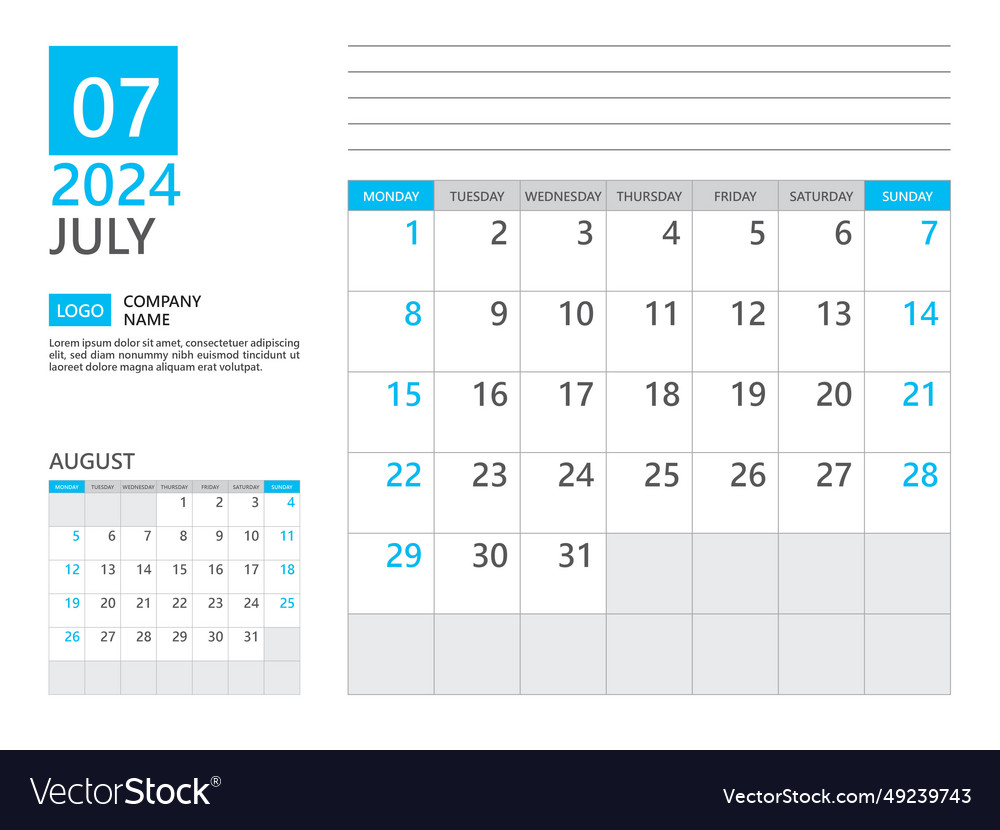 July 2024 template calendar planner week Vector Image