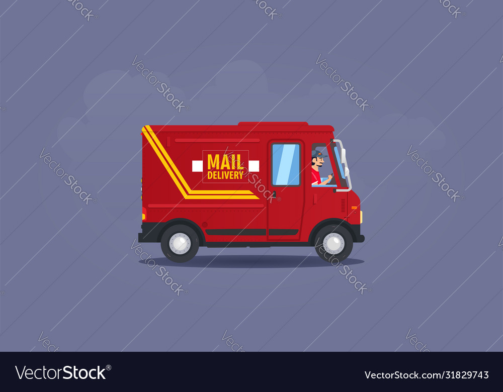 Red flat cartoon post or delivery van vehicle