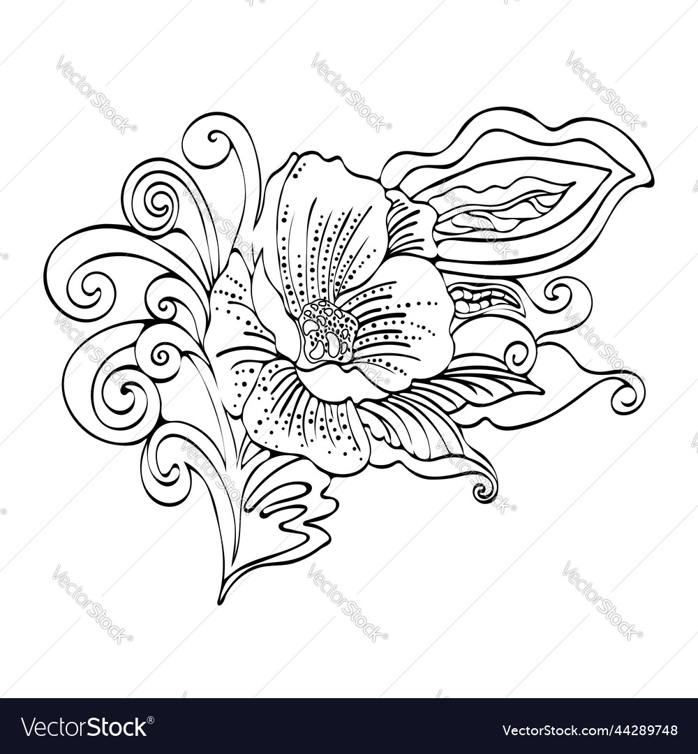 Abstract flower cartoon black and white contour