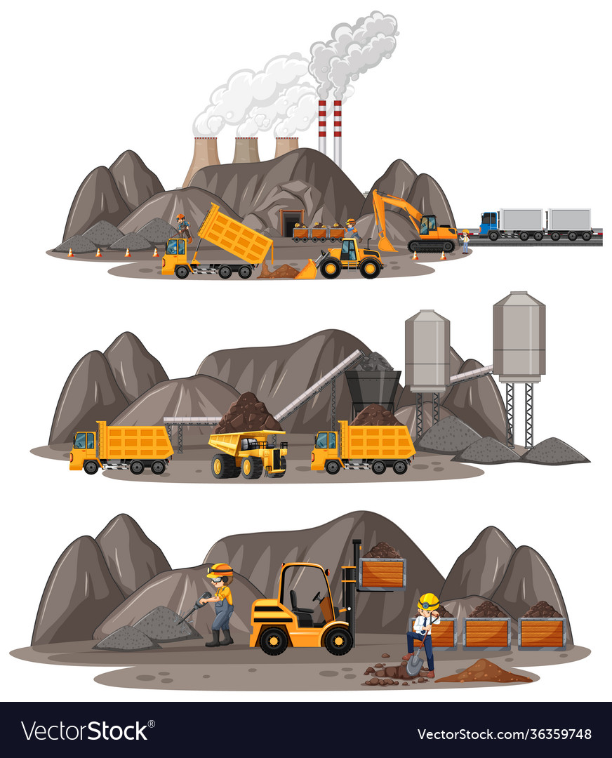 Coal mining scene with different types vector image Coal mining scene with different types