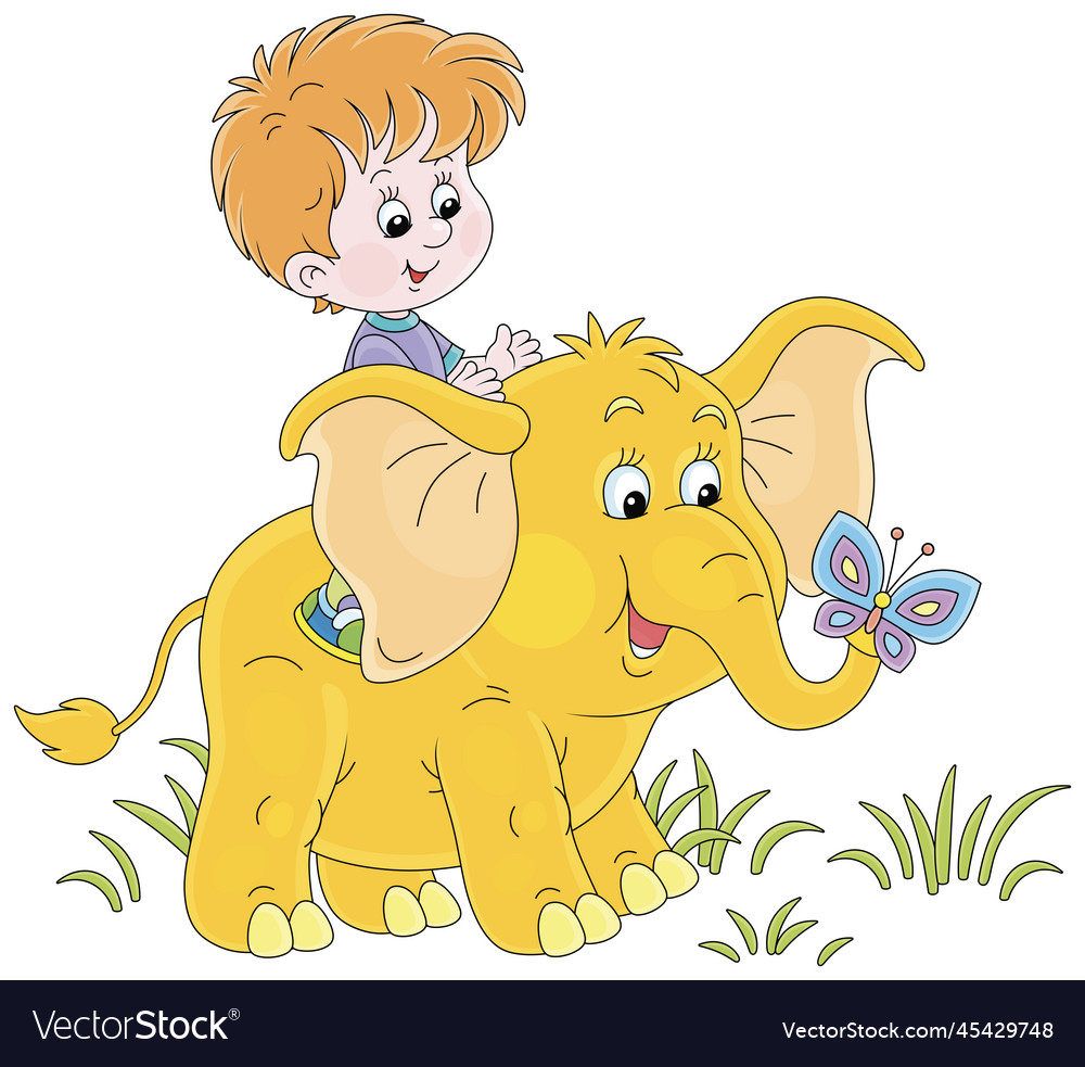 Happy little kid riding on a funny baby elephant Vector Image