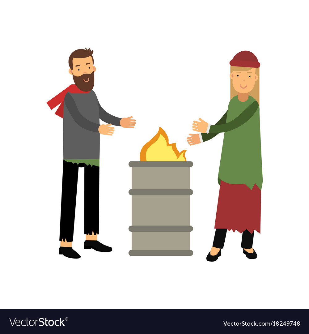 Homeless man and woman warming themselves near