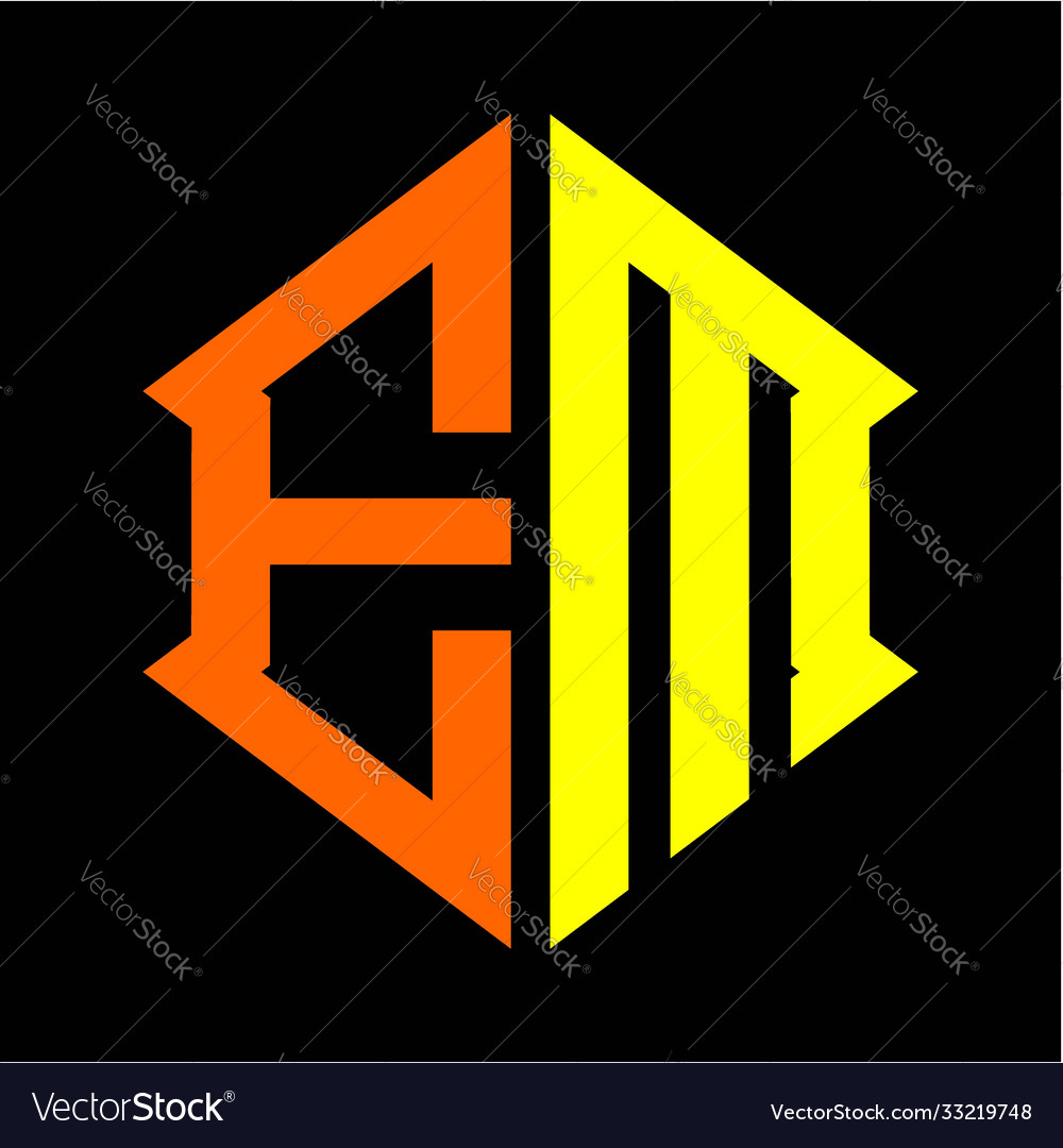 Initialen e m hexagon monogram logo in orange