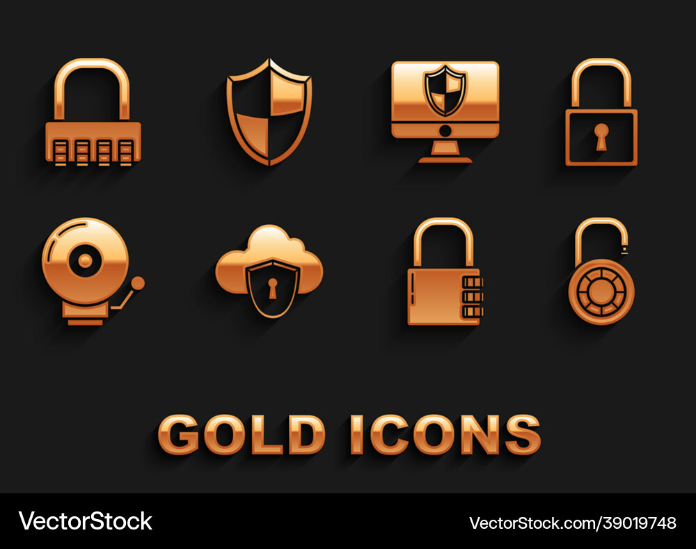 Set cloud and shield lock safe combination lock Vector Image