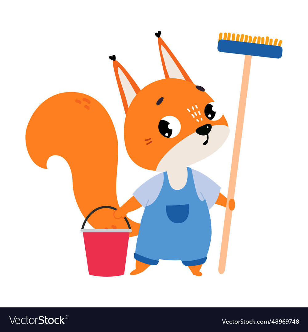 Squirrel builder character standing with bucket