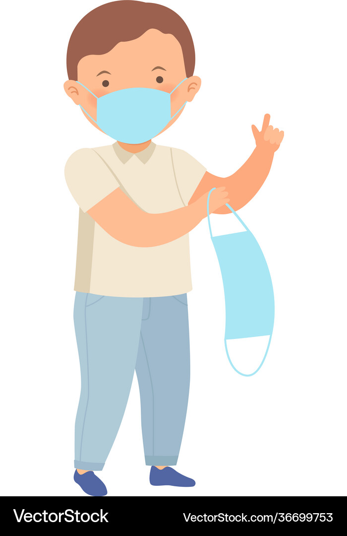 Cute boy wearing face protective mask holding Vector Image