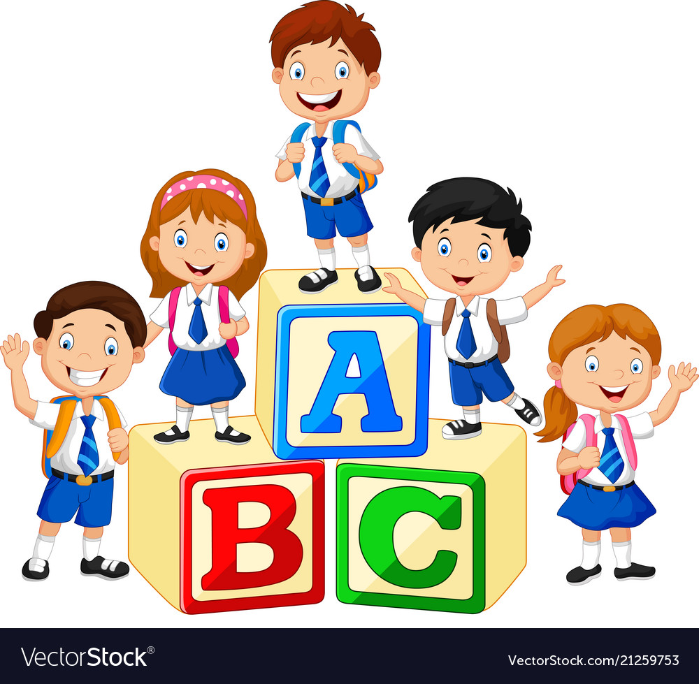 Happy schoolkids playing with stack book Vector Image