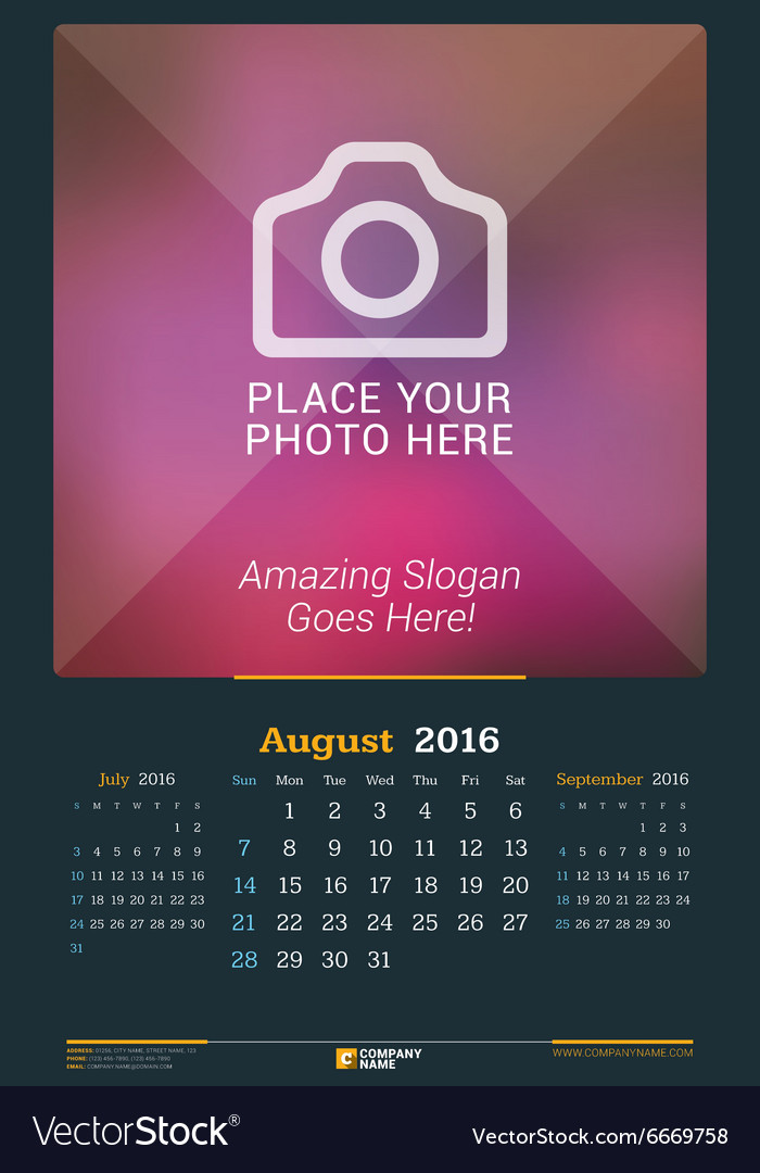 August 2016 wall monthly calendar for year